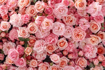 A wall of pink roses in full bloom, showcasing intricate details and natural beauty, with delicate texture and soft petals. Perfect concept for Women's Day, Mother's Day, Valentine's Day, Girl’s Day.