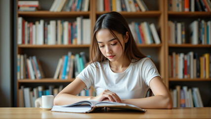 A young woman reads intently in a cozy library filled with books.