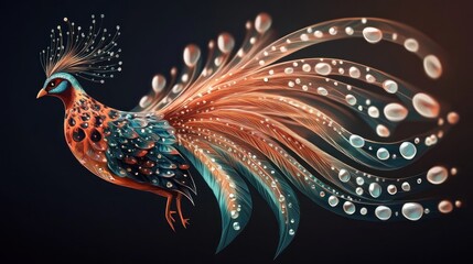 Jewel-toned pheasant, iridescent tail, dark background, fantasy art, print