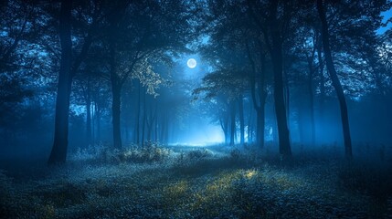 Fototapeta premium Moonlit forest path, mystical night scene, fog, trees