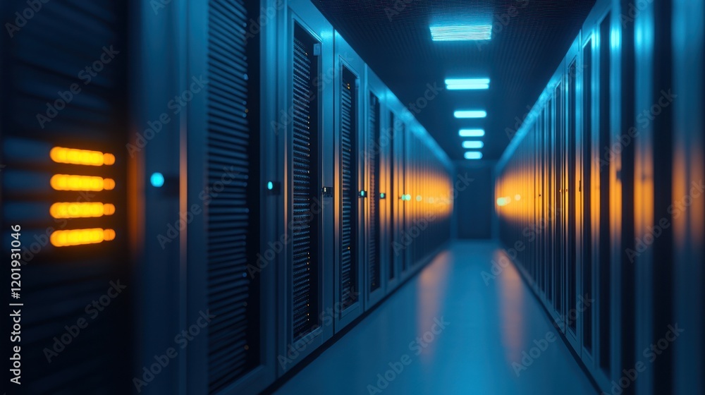 Poster futuristic data center with illuminated server racks and corridor.
