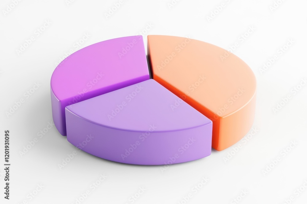 Poster modern three-dimensional pie chart showcasing vibrant violet, rose, and tangerine segments to repres
