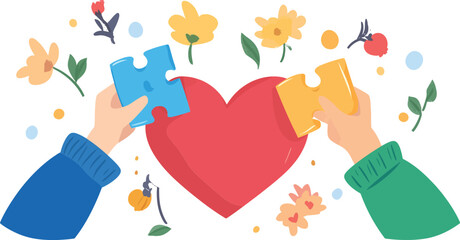 Fototapeta premium Hands Connecting Puzzle Pieces into a Heart Shape in Flat Vector Art
