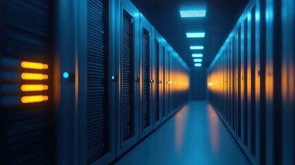 Fototapeta premium Futuristic data center with illuminated server racks and corridor.
