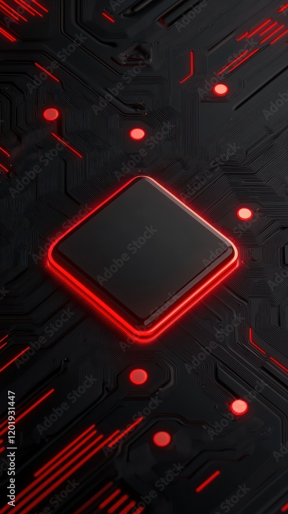 Poster futuristic microprocessor on a circuit board with glowing edges.