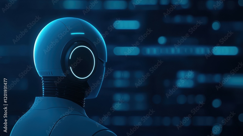 Poster futuristic robot design with glowing features in a digital landscape.