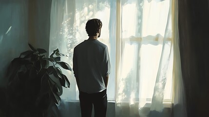 Fototapeta premium An adult standing by a window with light streaming in creating a serene and reflective mood