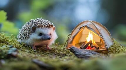 Fototapeta premium A hedgehog exploring a miniature campsite with a tiny tent and toy campfire.