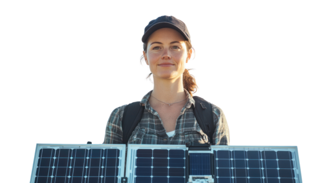 A confident woman stands proudly with a solar panel, showcasing renewable energy solutions and environmental commitment.