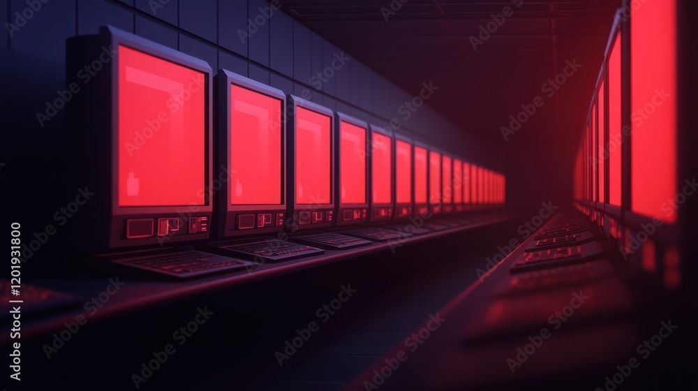 Poster futuristic view of glowing red computer monitors in a dark room.