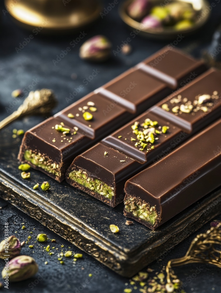 Poster delicious chocolate bar with creamy pistachio paste filling on a rustic wooden board surrounded by n