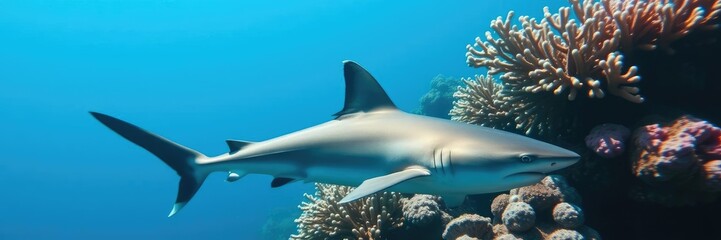 Fototapeta premium Blacktip reef shark swimming near coral in clear blue water, ocean creature, swim