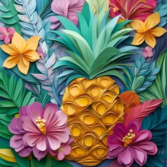Vibrant paper art featuring a pineapple and flowers.