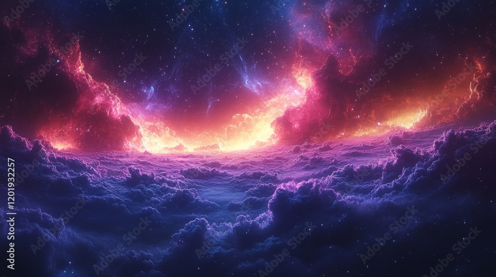 Poster dramatic cosmic vista with vibrant nebula and cloud-like formations in space creating a dreamy ether