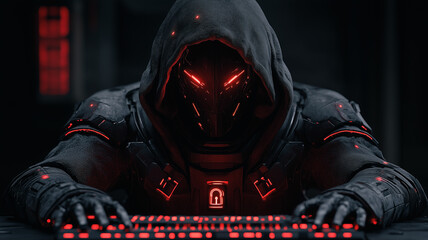 Cyberpunk Hacker Vigilante: A mysterious figure in a dark, hooded suit and glowing red visor sits intensely focused at a keyboard, embodying the enigmatic world of cyberpunk.