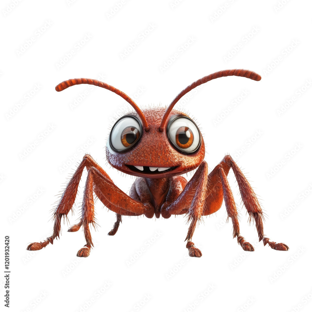 Poster a digitally rendered image of a friendly cartoon ant with large eyes and a broad smile, set against 