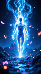 Obraz premium An AI girlfriend with magical powers radiating from her hands against a cosmic backdrop.