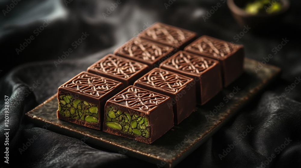 Poster sliced chocolate confection with pistachio filling on an ornate golden plate with arabic decorative 