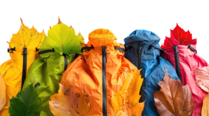 Colorful rain jackets stand out against autumn leaves, showcasing playful fashion choices for the changing seasons.