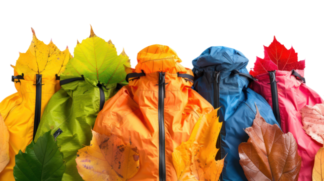 Colorful rain jackets stand out against autumn leaves, showcasing playful fashion choices for the changing seasons.
