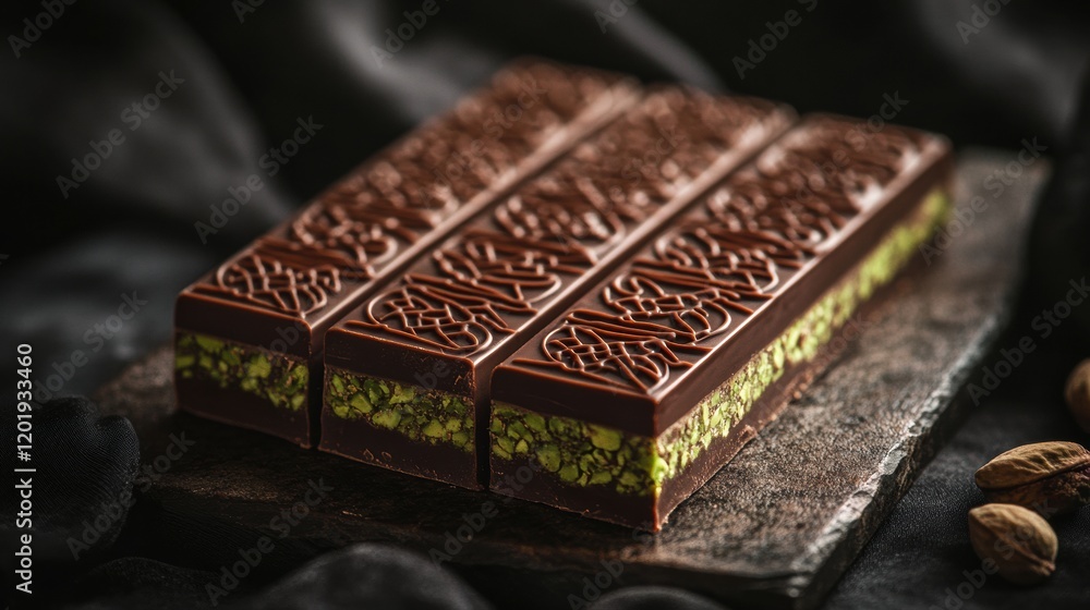 Poster indulgent chocolate with pistachio filling presented on a golden plate surrounded by intricate arabi