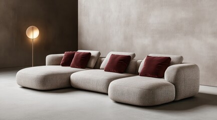 Modern sectional sofa with burgundy pillows in minimalist room.