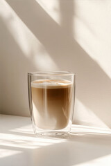 Elegant Glass Showcasing Delicious Coffee Illuminated by Soft Sunlight in a Tranquil Setting