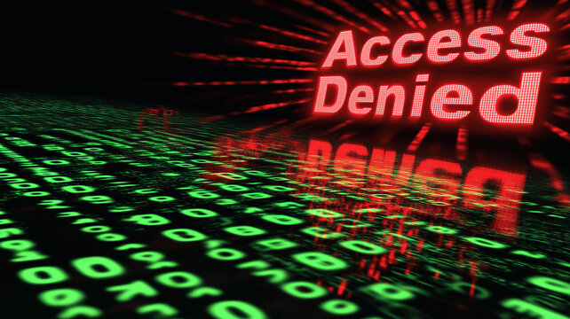 Access Denied: Digital Threat: A dramatic digital rendering depicts a bold "Access Denied" message in glowing red against a backdrop of cascading green binary code.