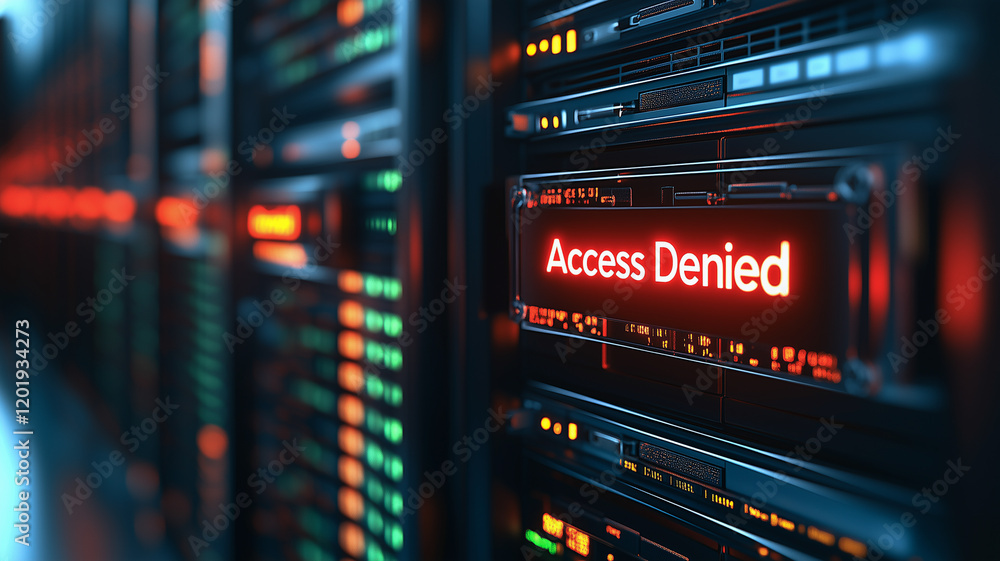 Poster server access denied: a close-up shot of a server rack displaying a stark red 