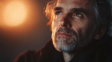 A portrait of an adult with light softly illuminating their face conveying a peaceful and introspective atmosphere