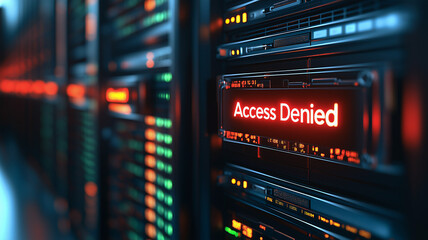 Server Access Denied: A close-up shot of a server rack displaying a stark red "Access Denied" message, highlighting the critical nature of cybersecurity and data protection.