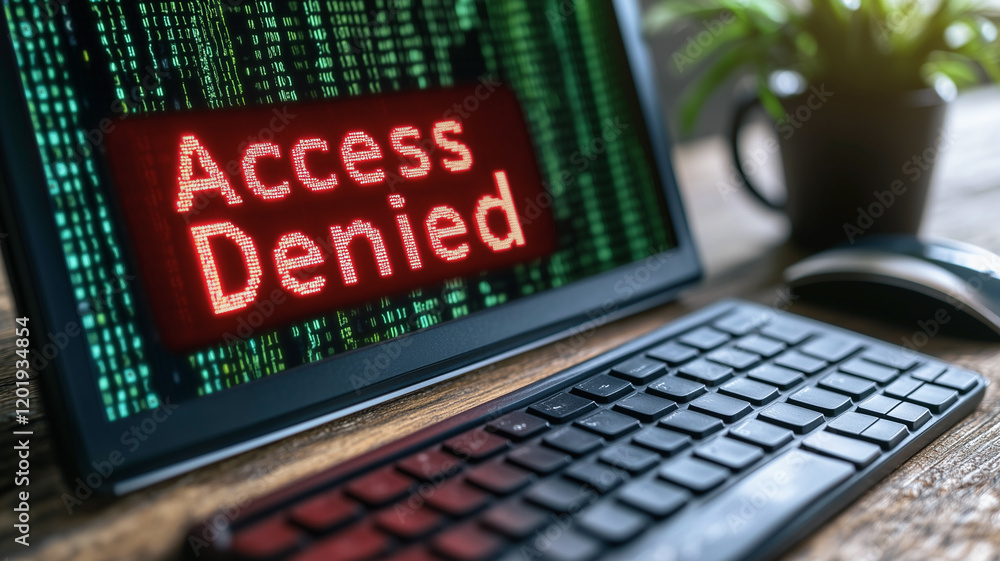 Poster access denied: cyber security alert. a computer screen displays a stark 