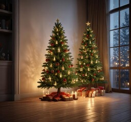 Candlelit Christmas tree with festive atmosphere, candles, warm, shadow