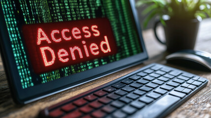 Access Denied: Cyber Security alert. A computer screen displays a stark "Access Denied" message in red, set against a backdrop of scrolling green code.