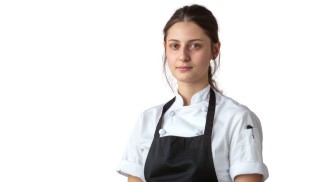 A confident female chef stands proudly in her kitchen attire, ready to demonstrate her culinary skills and passion for cooking delicious meals.