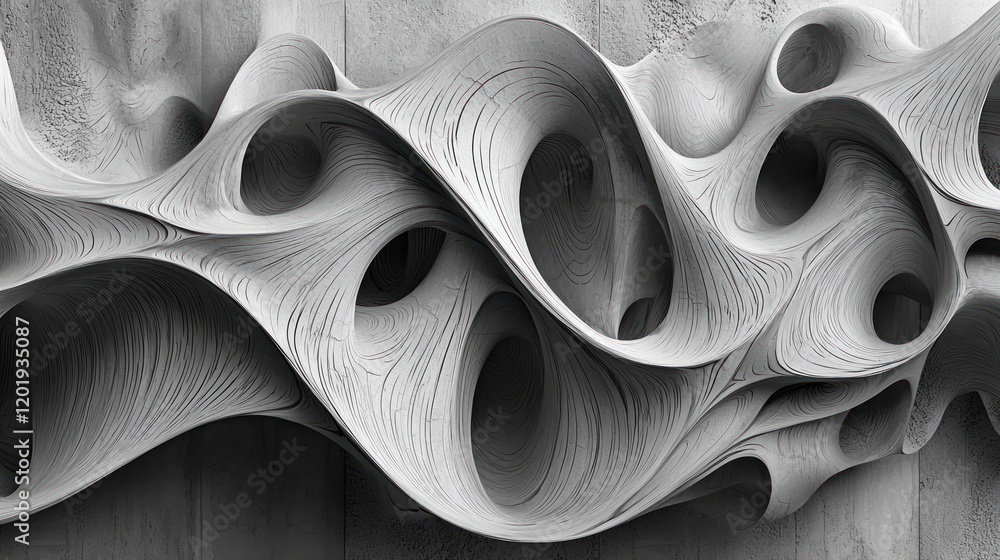 Poster abstract grayscale 3d render of a flowing organic form with porous texture and cavernous openings