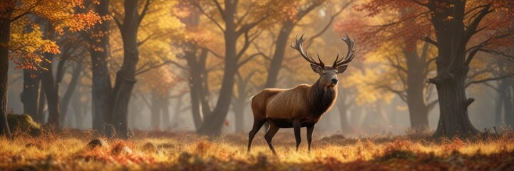 Captivating stock photo of a majestic red deer stag in a picturesque Autumn Fall landscape, Wildlife portrait, wildlife conservation., autumn colors