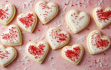 Heart-shaped sugar cookies arranged on a pink surface with powdered sugar and red sprinkles for a festive display