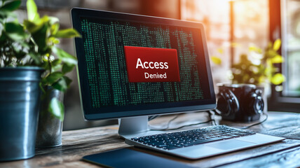 Access Denied: A computer screen displays a stark "Access Denied" message, layered over a cascading stream of green digital code, symbolizing a security breach or system failure.
