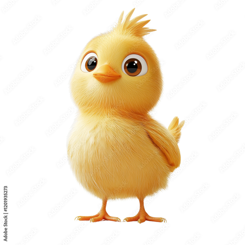 Poster a digitally rendered image of a cute yellow chickling standing on a white background. it's fluffy an