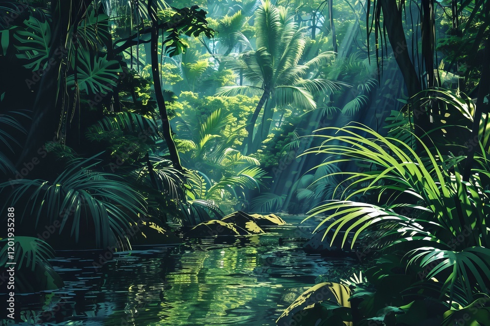 Poster sunbeams filtering through a dense jungle canopy, illuminating a tranquil river flowing through lush