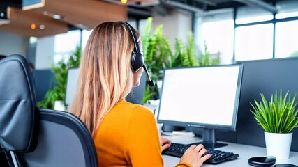 A smiling customer service representative wearing a headset, assisting a client through a computer interface in a bright, friendly call center environment