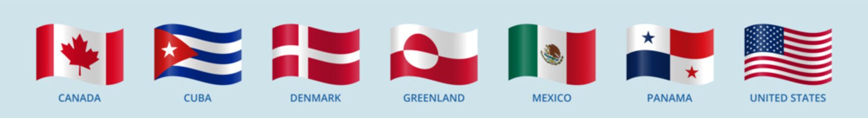 Wavy flags of the USA, Greenland, Denmark, Mexico, Panama, Cuba and Canada. © Li Artis