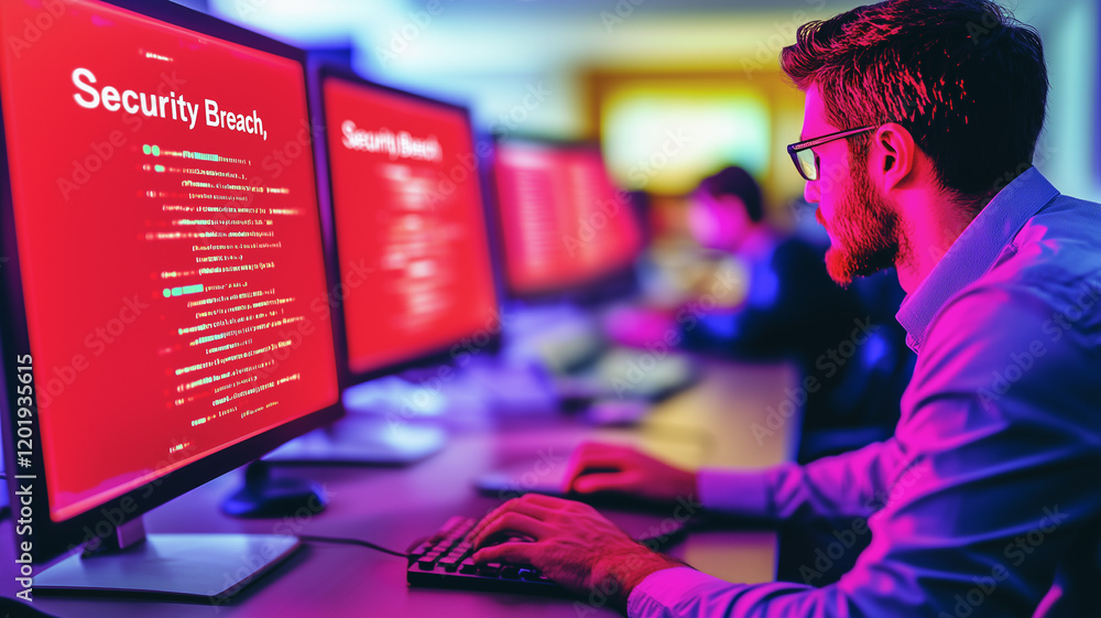 Poster cybersecurity specialist under pressure: a focused cybersecurity professional intently monitors mult