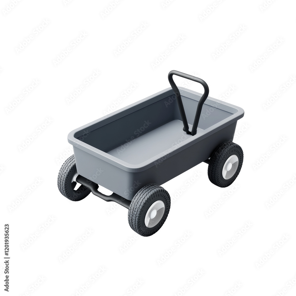 Poster a digitally rendered image of a small grey wagon with black handle and wheels against a plain white 