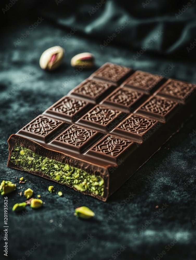 Poster indulgent chocolate filled with pistachio on a decorative plate with intricate arabic patterns. gene