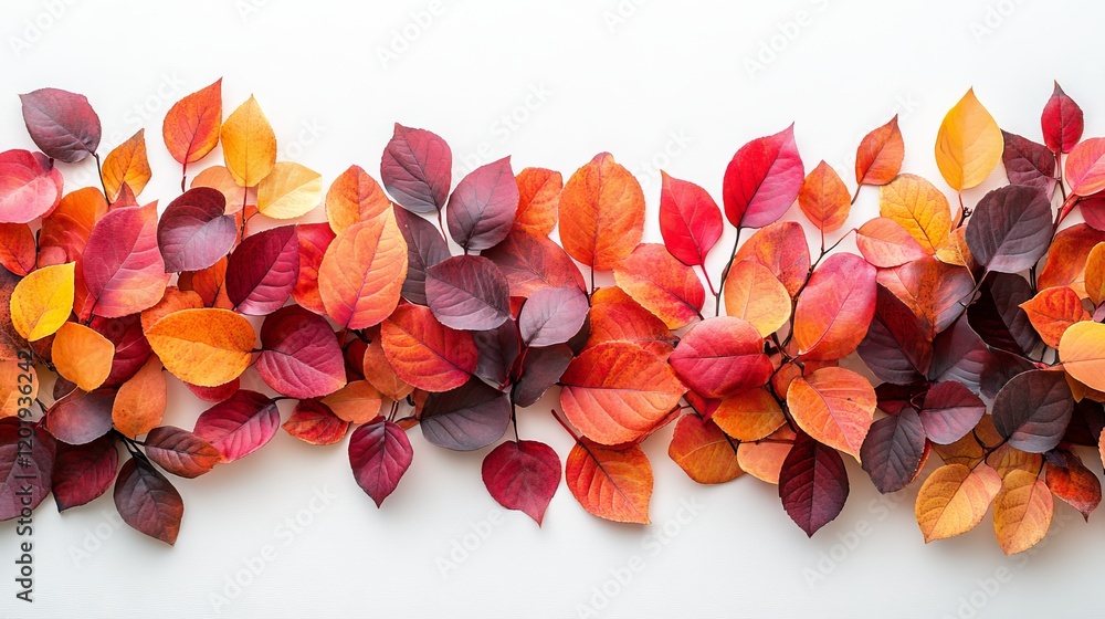 Aufkleber vibrant autumn leaves cascade in a colorful gradient pattern on a clean white surface