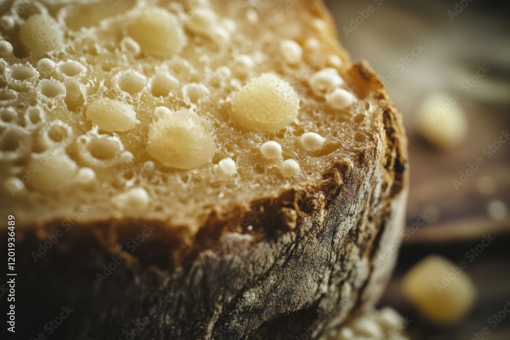 Aufkleber Close up view of bacteria colonies forming on a piece of moldy bread. Generative AI
