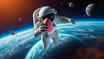 Fototapeta premium Astronaut celebrating Easter in space with a colorful egg.