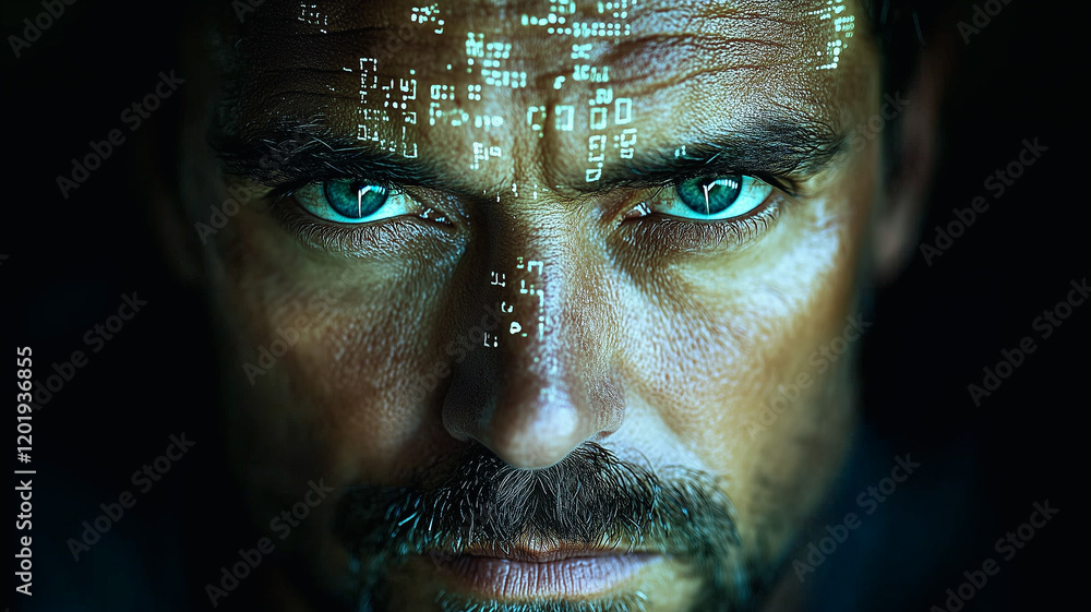 Poster cybernetic man: close-up portrait of a man's intense gaze, his face partially illuminated with glowi